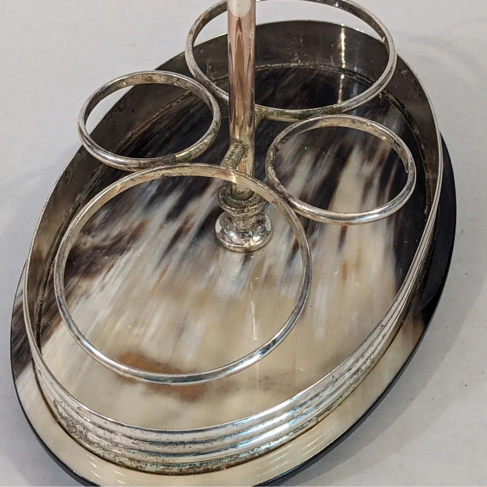 Vintage Silverplate Cruet Stand with Horn Inlay Base and Handle 4 Bottle Holder